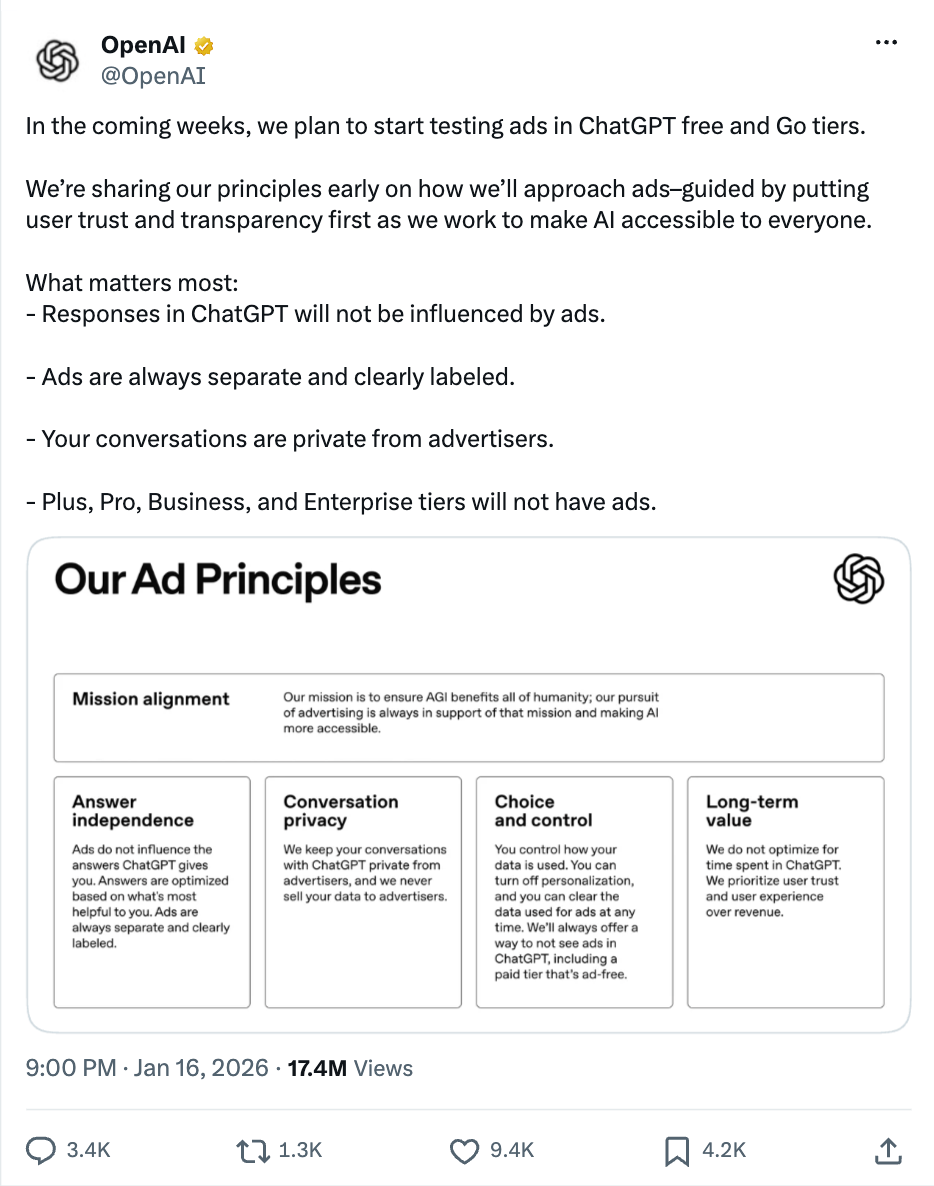 Пост OpenAI в X об анонсе рекламы в ChatGPT