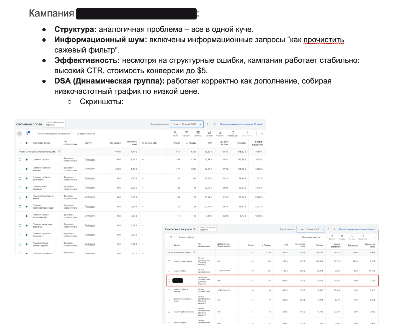 Страница отчета: разбор поисковой кампании со скриншотами из кабинета